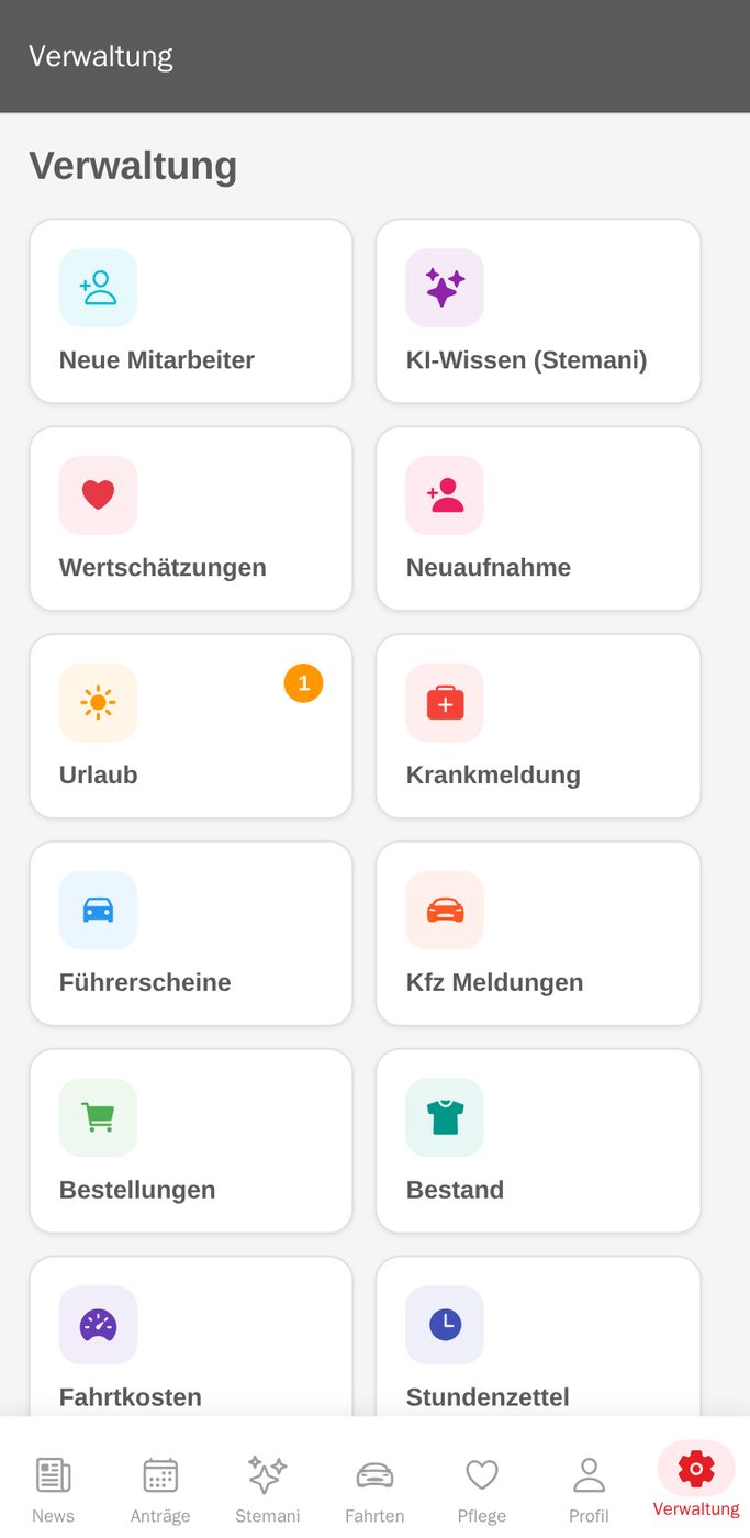 Verwaltungsbereich der Stemani Mitarbeiter App für Pflegedienstleitung und Geschäftsführung